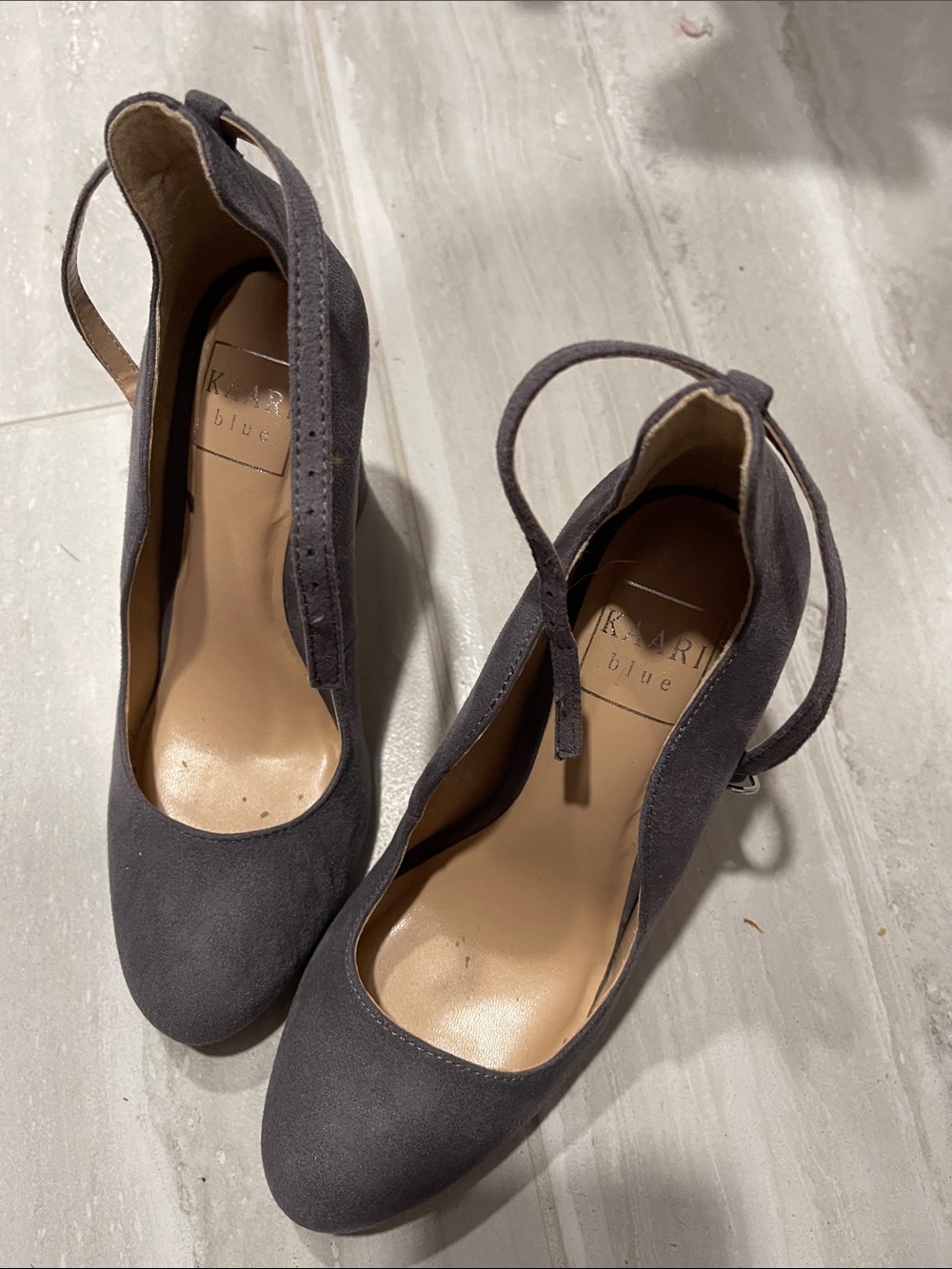 Kaari Blue Gray Suede Ankle-Strap Heels